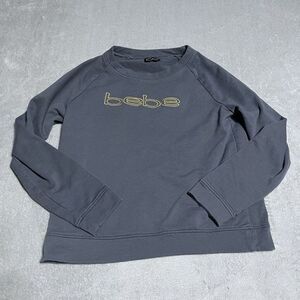 Bebe Womens Charcoal Grey Gold Embroidered Logo Raglan Sweatshirt Size Medium